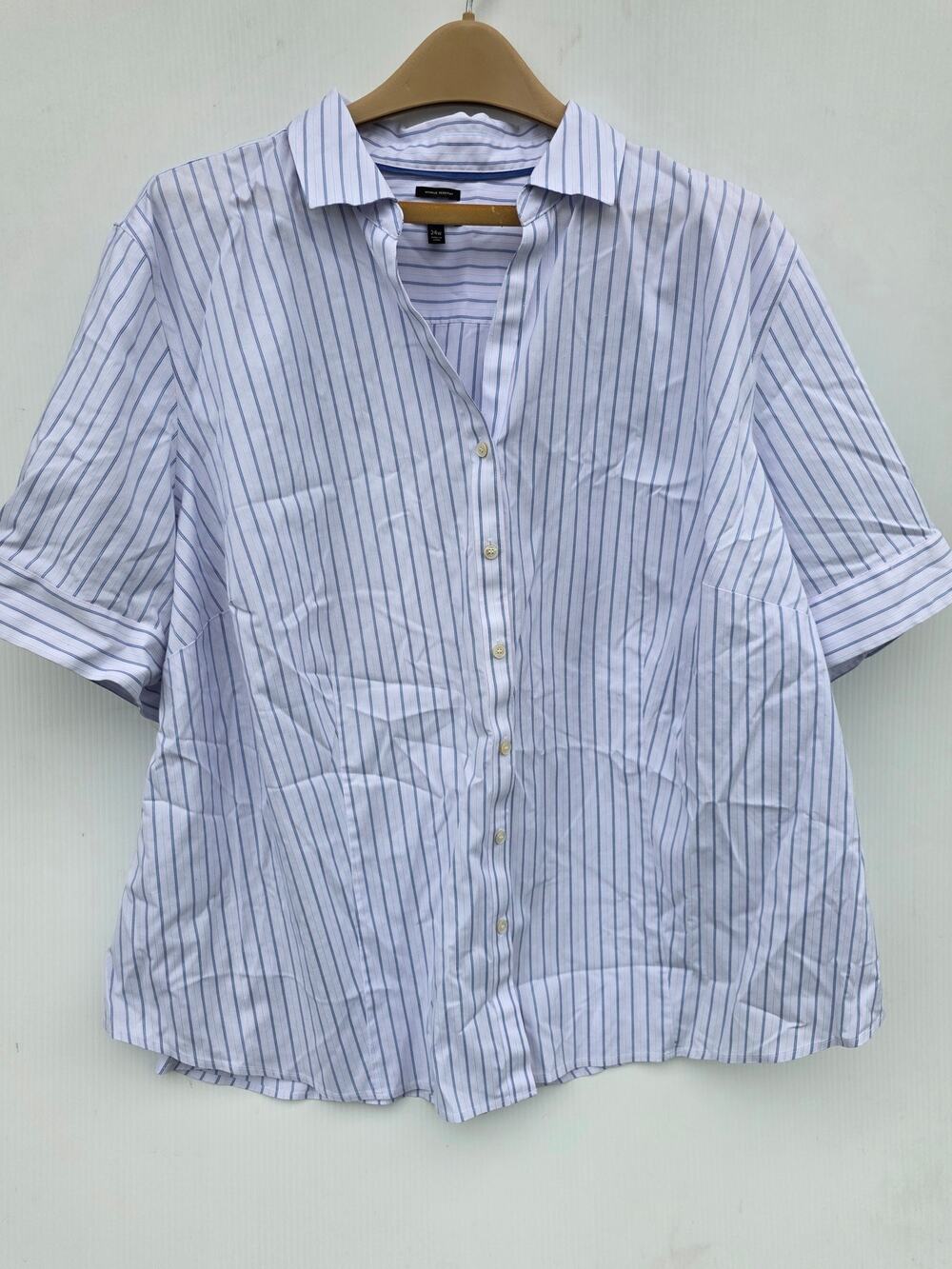 Talbots White Button-Up Blouse with Navy Pinstripes